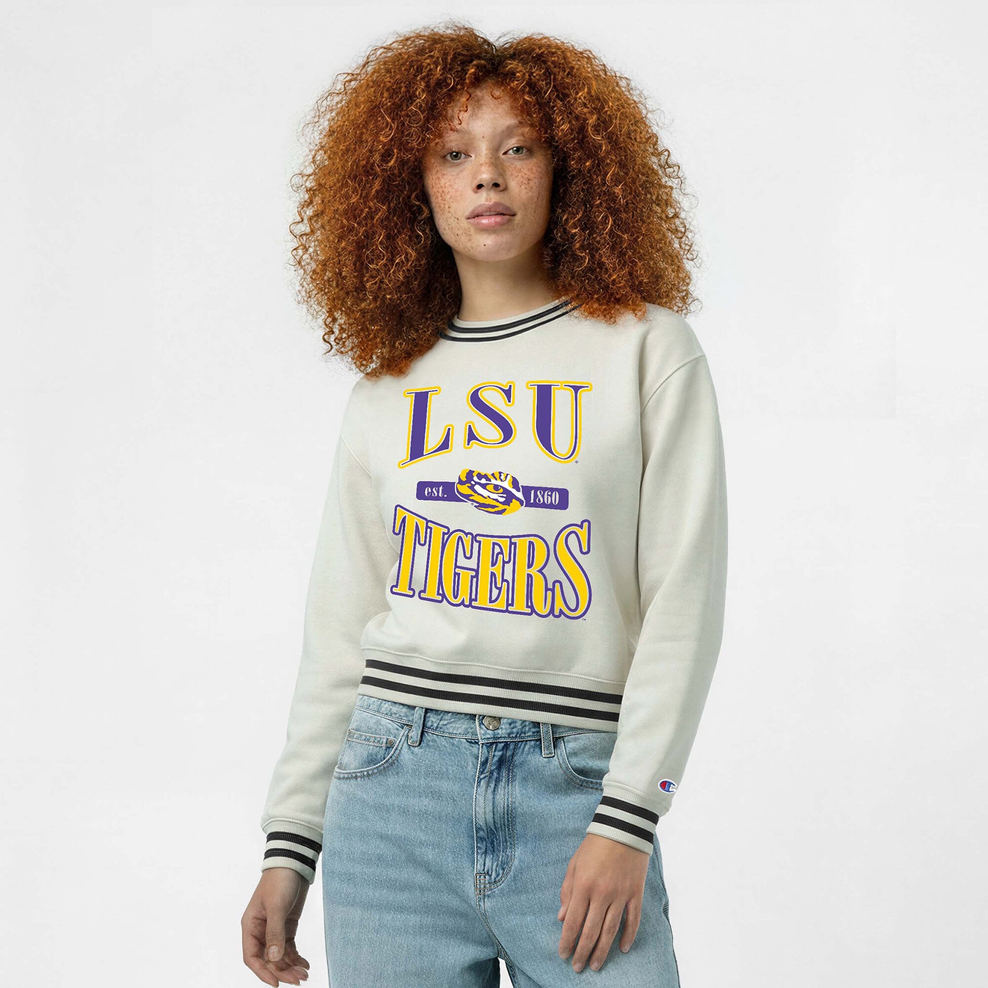 Women's Champion White LSU Tigers Yarn Dye Rib Reverse Weave Crew Sweatshirt